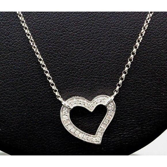 Estate Heart Diamond Necklace 14k White Gold Rolo Chain Love